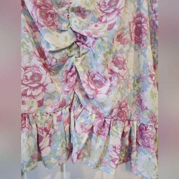 Almost Famous Women's Junior Blouse, Large, Puff Sleeve Pastel Rose Pink Blue - Picture 3 of 16